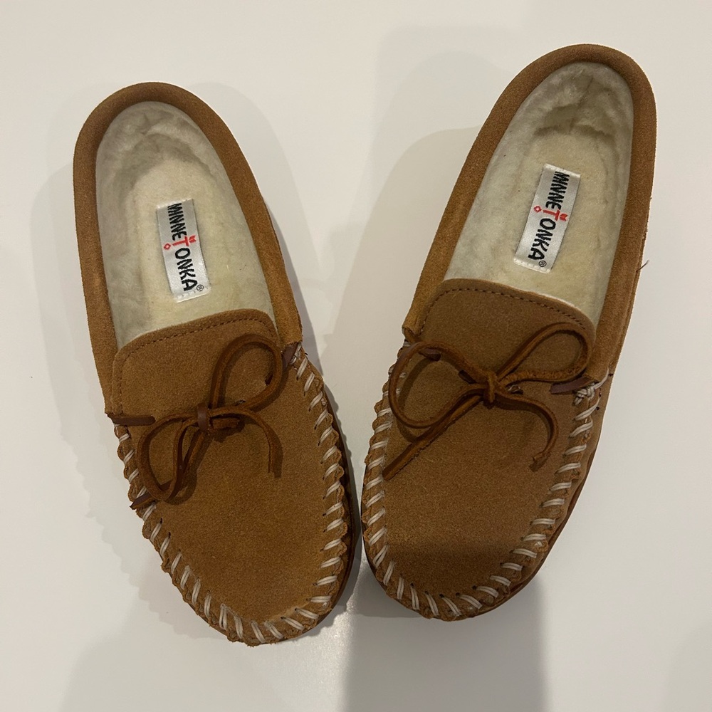 Minnetonka lined loafer with rubber soles.